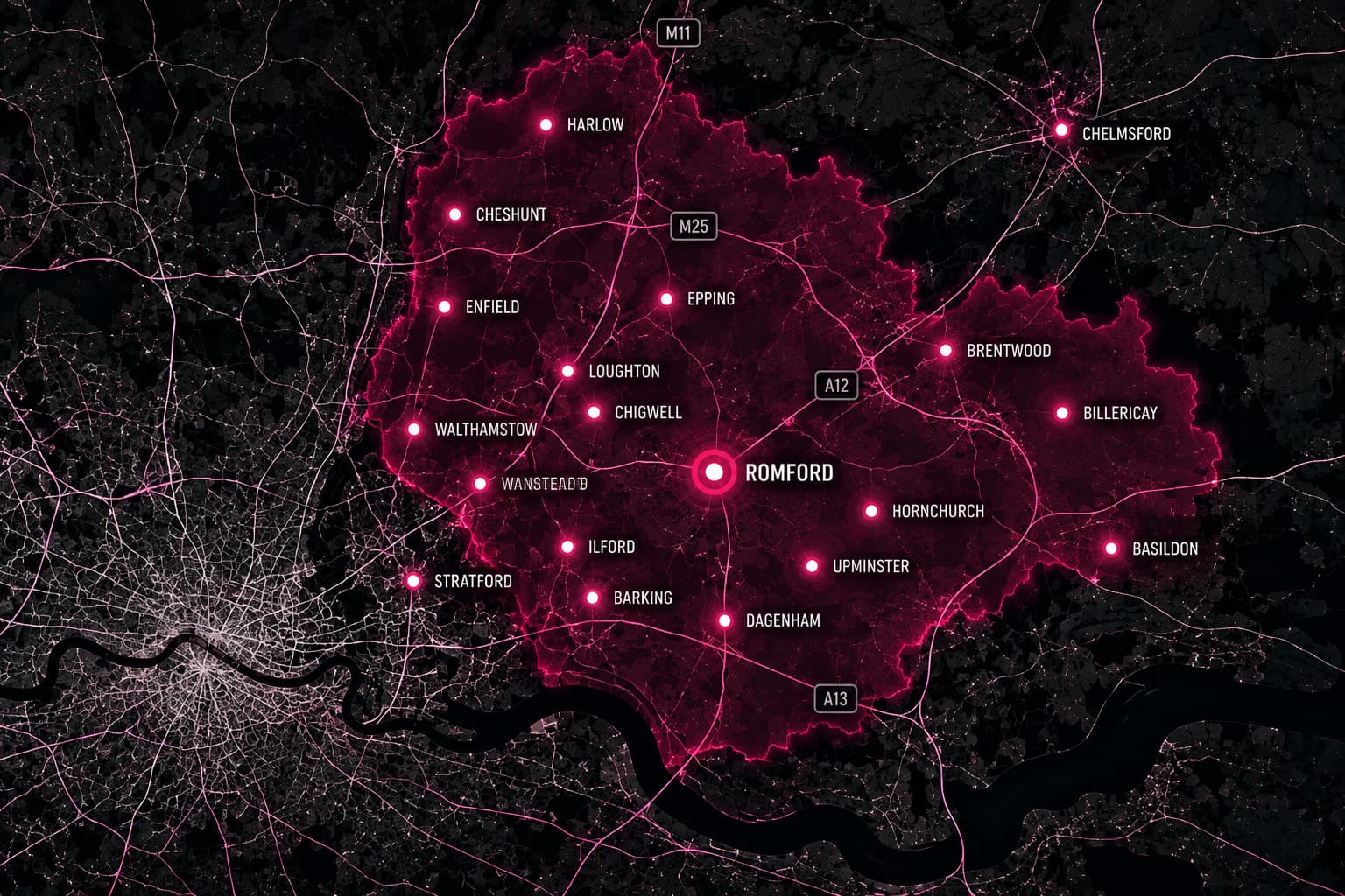 Map of our mobile service area centred on Romford, covering East London and Essex including Harlow, Cheshunt, Enfield, Epping, Loughton, Chigwell, Walthamstow, Wanstead, Stratford, Ilford, Barking, Dagenham, Hornchurch, Upminster, Brentwood, Billericay, Basildon and Chelmsford.
